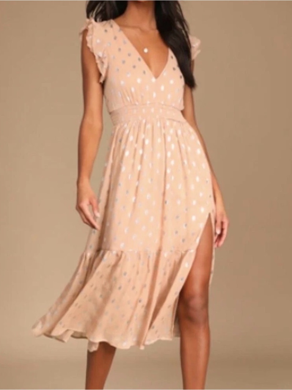 Lulus Cause to Celebrate Mauve and Silver Ruffled Tiered Midi Dress